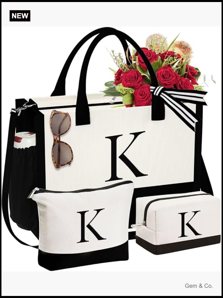 Initial Tote Bag & Makeup Bag Set - Canvas Shoulder Tote With Zipper